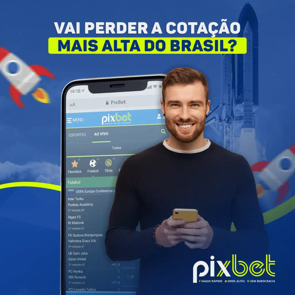 Imagem promocional com homem segurando um celular e descri&ccedil;&atilde;o das altas cota&ccedil;&otilde;es do site Pixbet