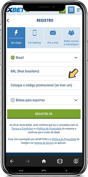 Ativar o c&oacute;digo promocional da 1xbet pelo app