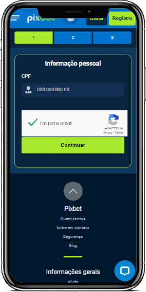 página de cadastro no app da pixbet