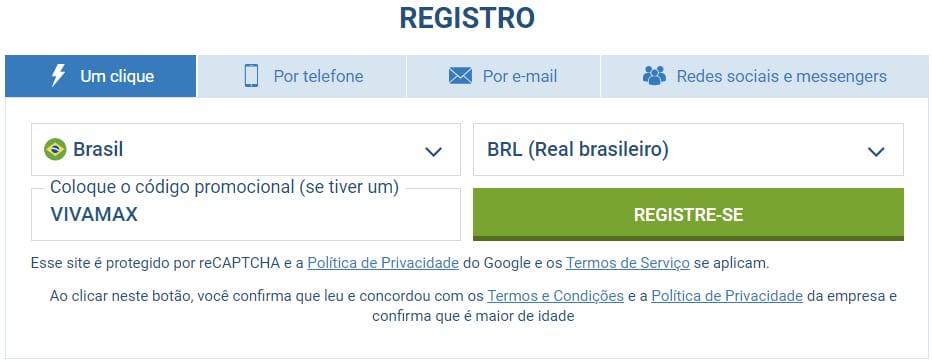 Ativar o c&oacute;digo promocional da 1xbet
