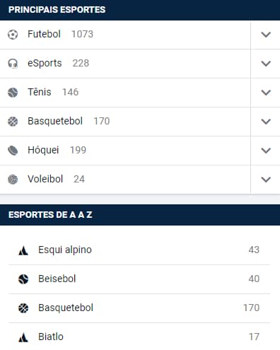 Lista de Esportes na Pinnacle