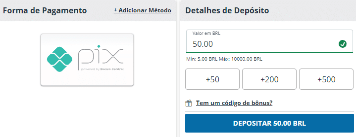 P&aacute;gina de Dep&oacute;sito Via PIX da Sportingbet