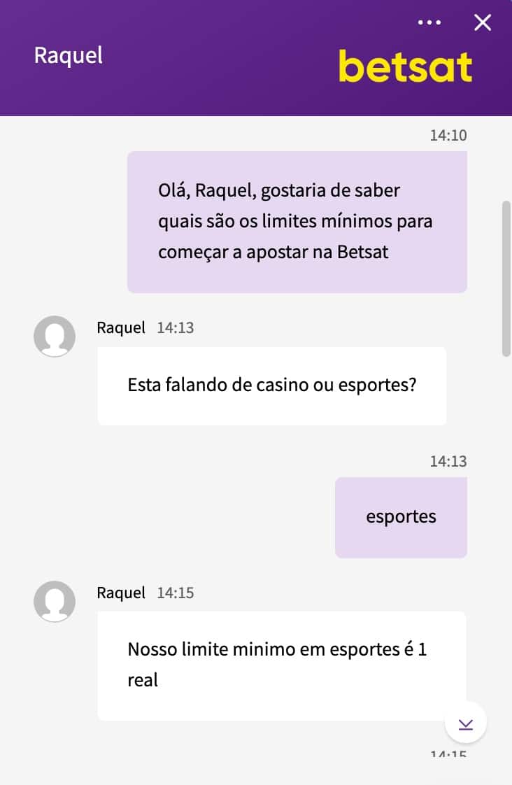 Tela do chat de atendimento ao cliente do site Betsat apostas