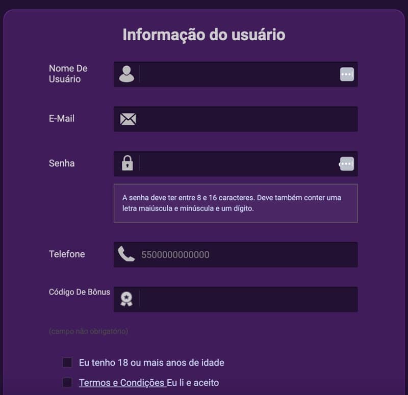 Tela de cadastro do site Betsat apostas