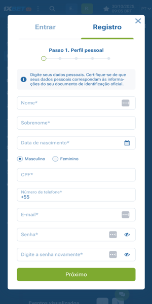 Imagem com in&iacute;cio do processo de cadastro na 1xBet
