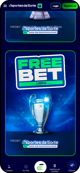 Banner da promo&ccedil;&atilde;o Free Bet UEFA do Esportes da Sorte com imagem do trof&eacute;u da Champions League.