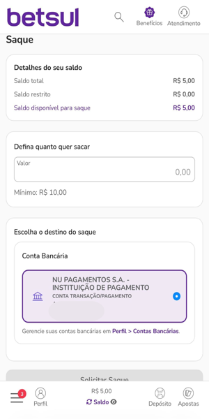 Imagem com processo de dep&oacute;sito com Pix na Betsul
