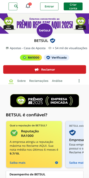 Imagem da página oficial da Betsul no Reclame Aqui