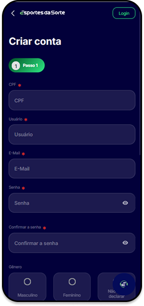 Formul&aacute;rio de cadastro do Esportes da Sorte com campos para CPF, e-mail, senha e g&ecirc;nero.