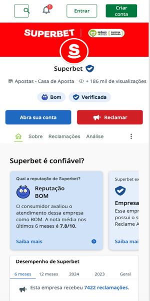 Imagem da p&aacute;gina oficial da Superbet no Reclame Aqui