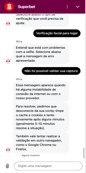 Imagem do atendimento ao cliente Superbet via chat ao vivo