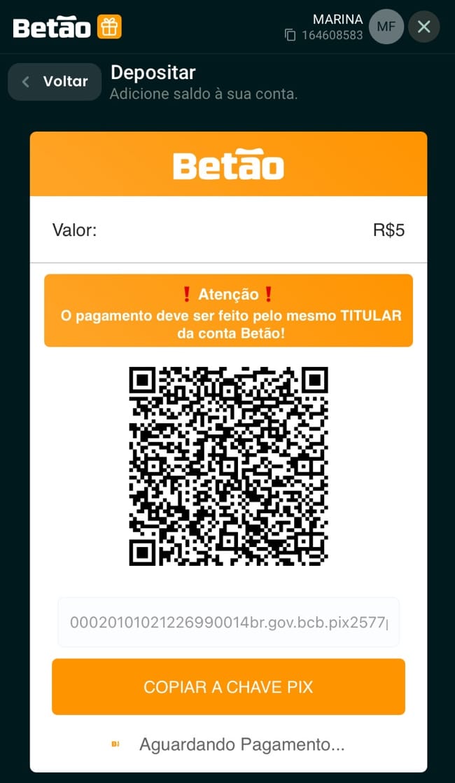 tela para fazer dep&oacute;sitos via Pix na Bet&atilde;o