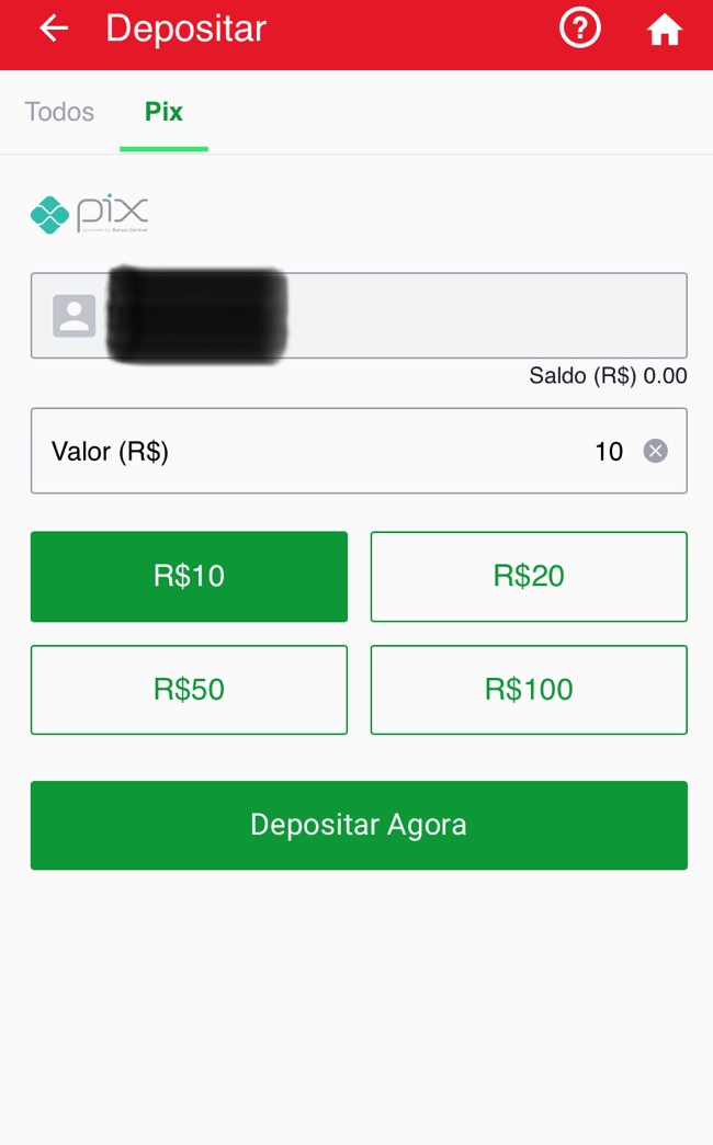tela para fazer depósito via Pix na Sportybet