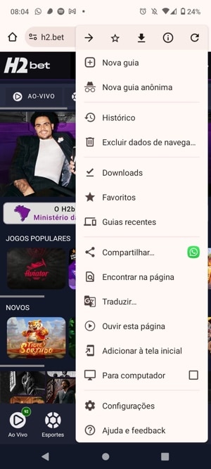 tela com op&ccedil;&otilde;es para adicionar o atalho da H2Bet no Android