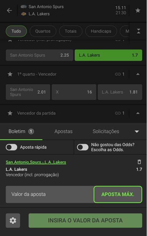 tela para fazer apostas na NBA no app da Luvabet