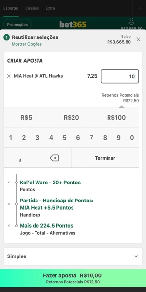 Imagem com um exemplo de palpite feito com o recurso "Criar Aposta" para uma partida de basquete da NBA