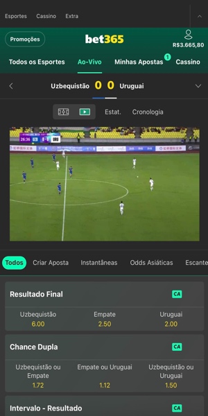 Imagem do live streaming da Bet365 durante uma partida de futebol