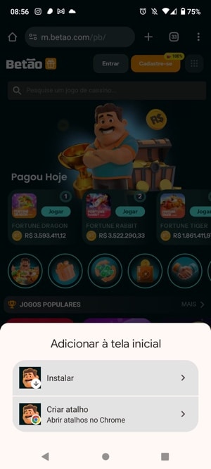 tela de configurações do betão app no Android