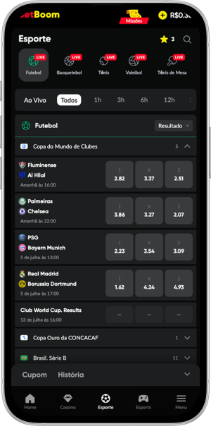Página inicial do aplicativo da Betboom