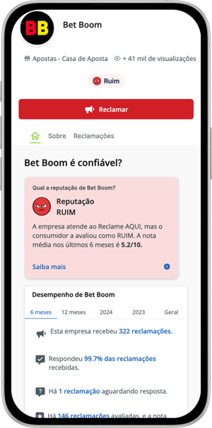 Reputação da Betboom na plataforma Reclame Aqui