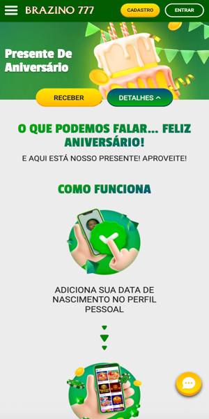 p&aacute;gina com a promo&ccedil;&atilde;o Presente de Anivers&aacute;rio na Brazino777