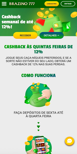 Tela com a p&aacute;gina da promo&ccedil;&atilde;o de cashback do Brazino777