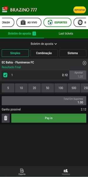 Imagem com exemplo de aposta esportiva com stake m&iacute;nima de R$1