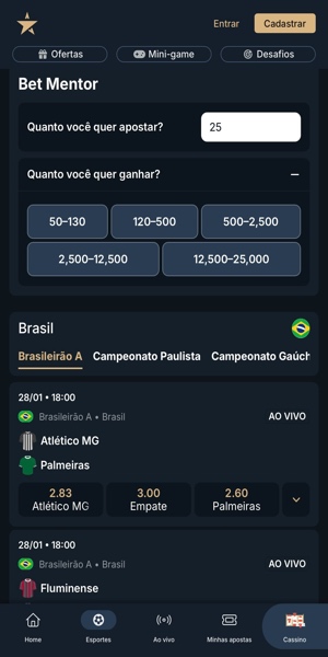 Imagem do recurso "Bet Mentor", dispon&iacute;vel na p&aacute;gina principal da Estrela Bet