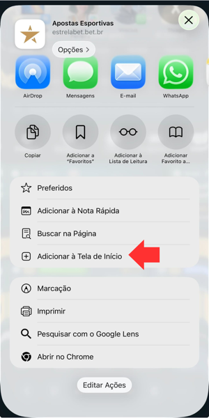 Imagem do processo de criar atalho para site mobile da Estrela Bet
