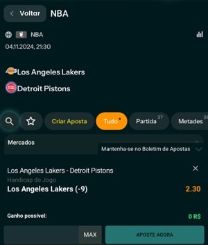 tela para colocar suas apostas nos jogos da NBA pelo Betão app
