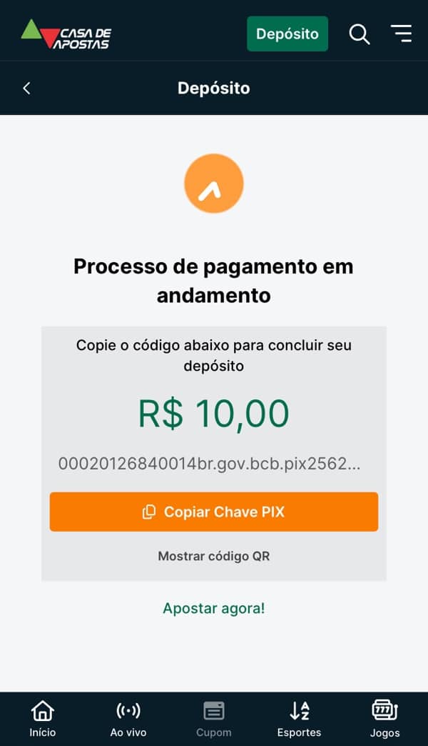tela demonstrando o processo de depósito via Pix na Casadeapostas