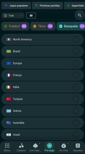 tela com menu de opções de apostas esportivas