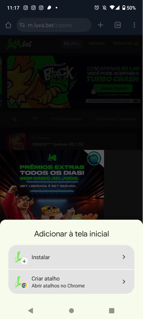 Atalho para adicionar luvabet app no Android