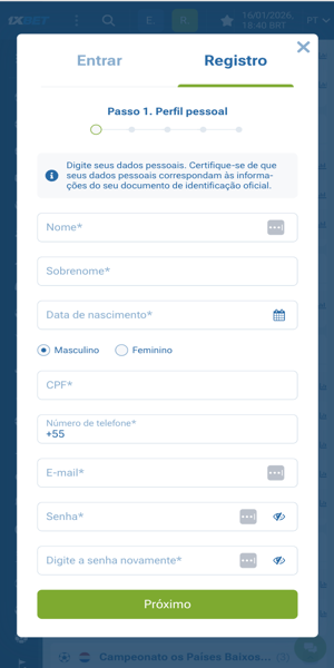 Imagem do processo de registro sem c&oacute;digo promocional 1xBet