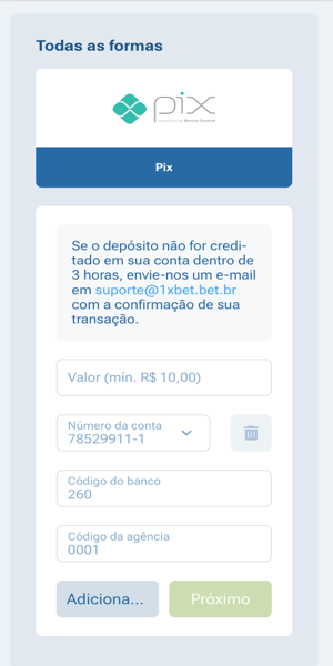 Imagem do processo de dep&oacute;sito na 1xBet