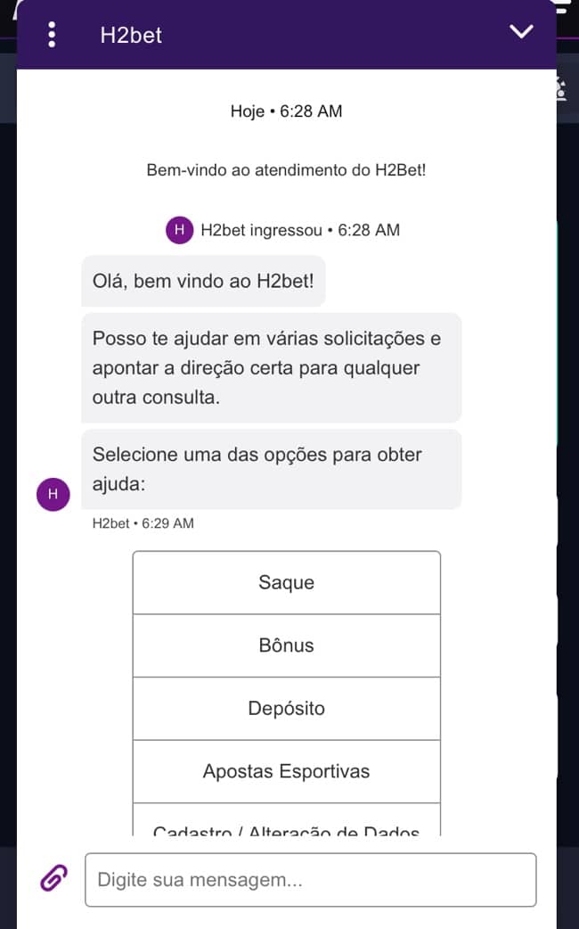 Tela mostrando o início do atendimento ao cliente via chatbot na H2Bet