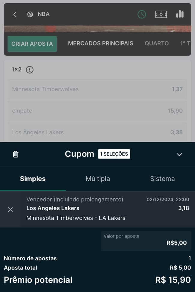 Tela com bilhete para fazer aposta no jogo do Lakers na NBA