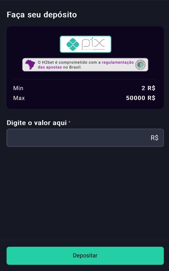 Tela para fazer depósito via Pix na H2Bet