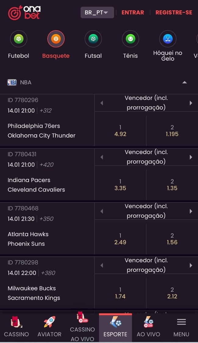 tela com op&ccedil;&otilde;es de jogos da NBA e seus mercados na Onabet