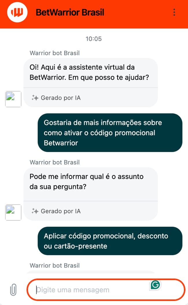 Tela mostrando um exemplo de interação com o atendimento ao cliente via chat ao vivo.
