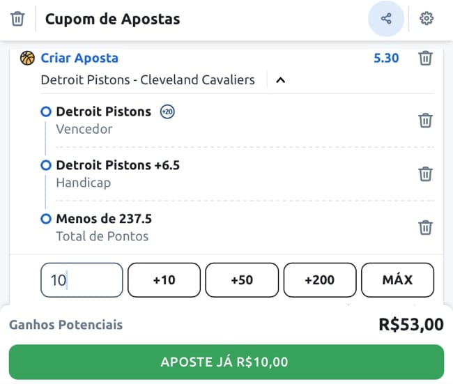 Tela com um exemplo de como fica o bilhete de apostas ap&oacute;s selecionar todos os mercados na fun&ccedil;&atilde;o criar aposta na Betano