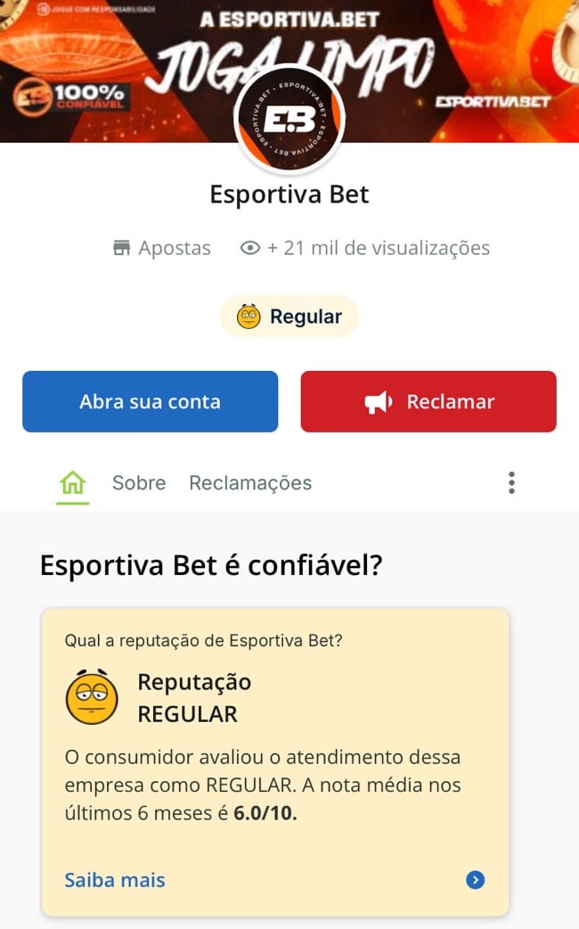 Tela com a página oficial da Esportivabet no Reclame Aqui
