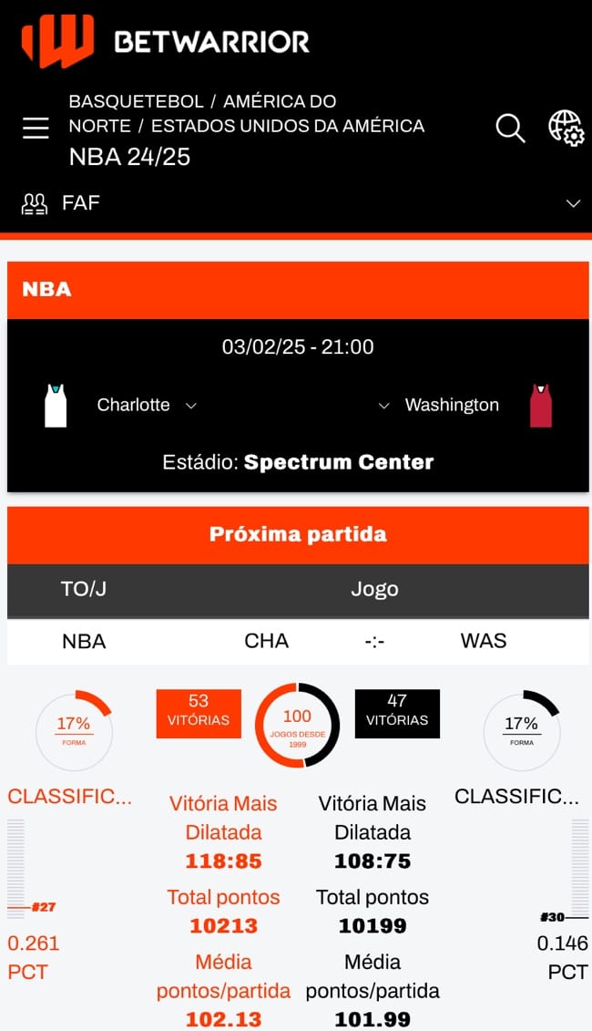 Tela com um exemplo do que podemos encontrar na opção "Centro de Estatísticas" para a NBA.