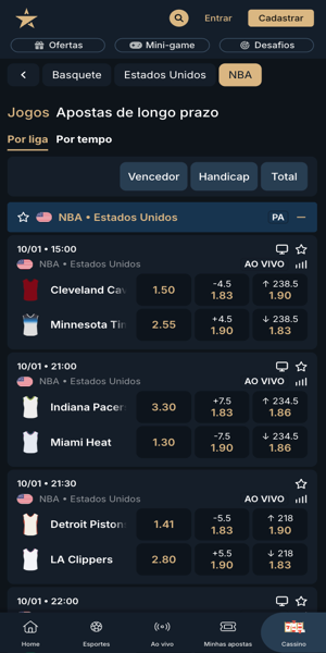 Imagem das op&ccedil;&otilde;es de jogos para apostar na NBA na Estrela Bet
