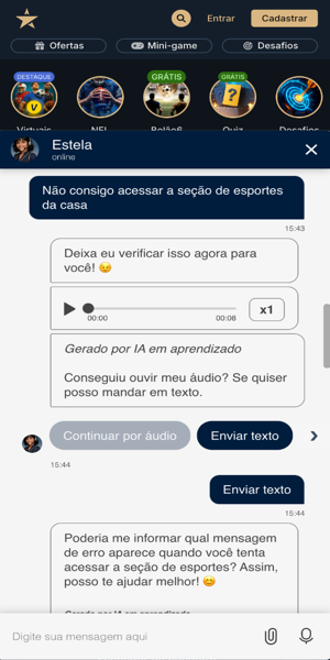 Imagem de um atendimento ao cliente via chat ao vivo na Estrela bet