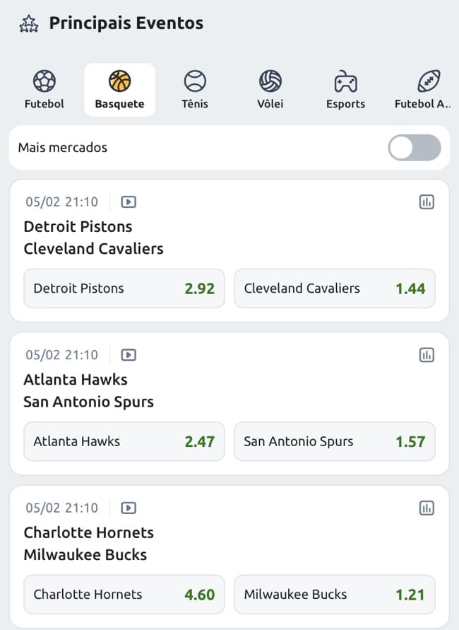 Tela exibindo op&ccedil;&otilde;es de jogos da NBA dispon&iacute;veis para apostar e utilizar a fun&ccedil;&atilde;o criar aposta na Betano.