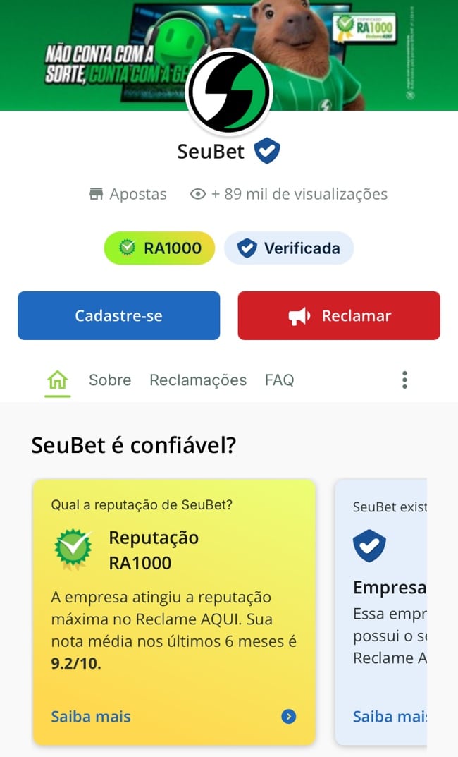 Tela comprovando que o Seubet &eacute; confi&aacute;vel com base em sua p&aacute;gina no Reclame Aqui. A casa de apostas obteve certificado RA1000.