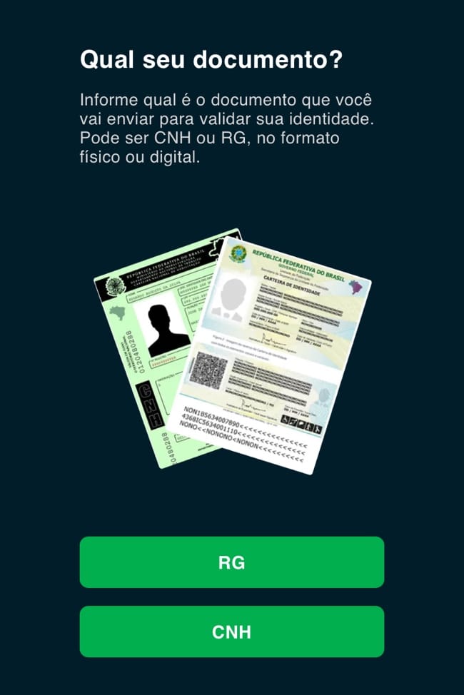Tela inicial para a verifica&ccedil;&atilde;o do seu documento de identidade antes de realizar suas apostas. Seubet aceita RG ou CNH.