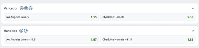 tela mostrando a diferen&ccedil;a das odds do moneyline e do spread no basquete. Enquanto temos a linha de moneyline com cota&ccedil;&otilde;es 1.15 para o Lakers e 5.30 para o Hornets, no spread conseguimos enxergar a vantagem de 1.87 para o Lakers e de 1.85 para o Hornets.