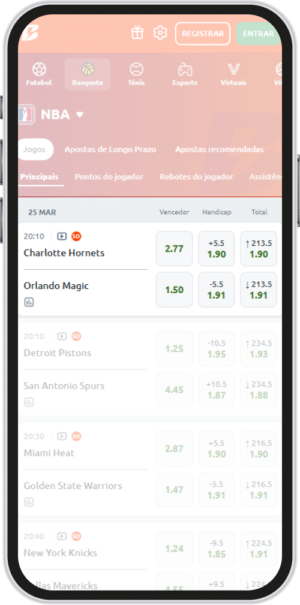 Mercados de vencedor do jogo, handicap e pontos na Betano